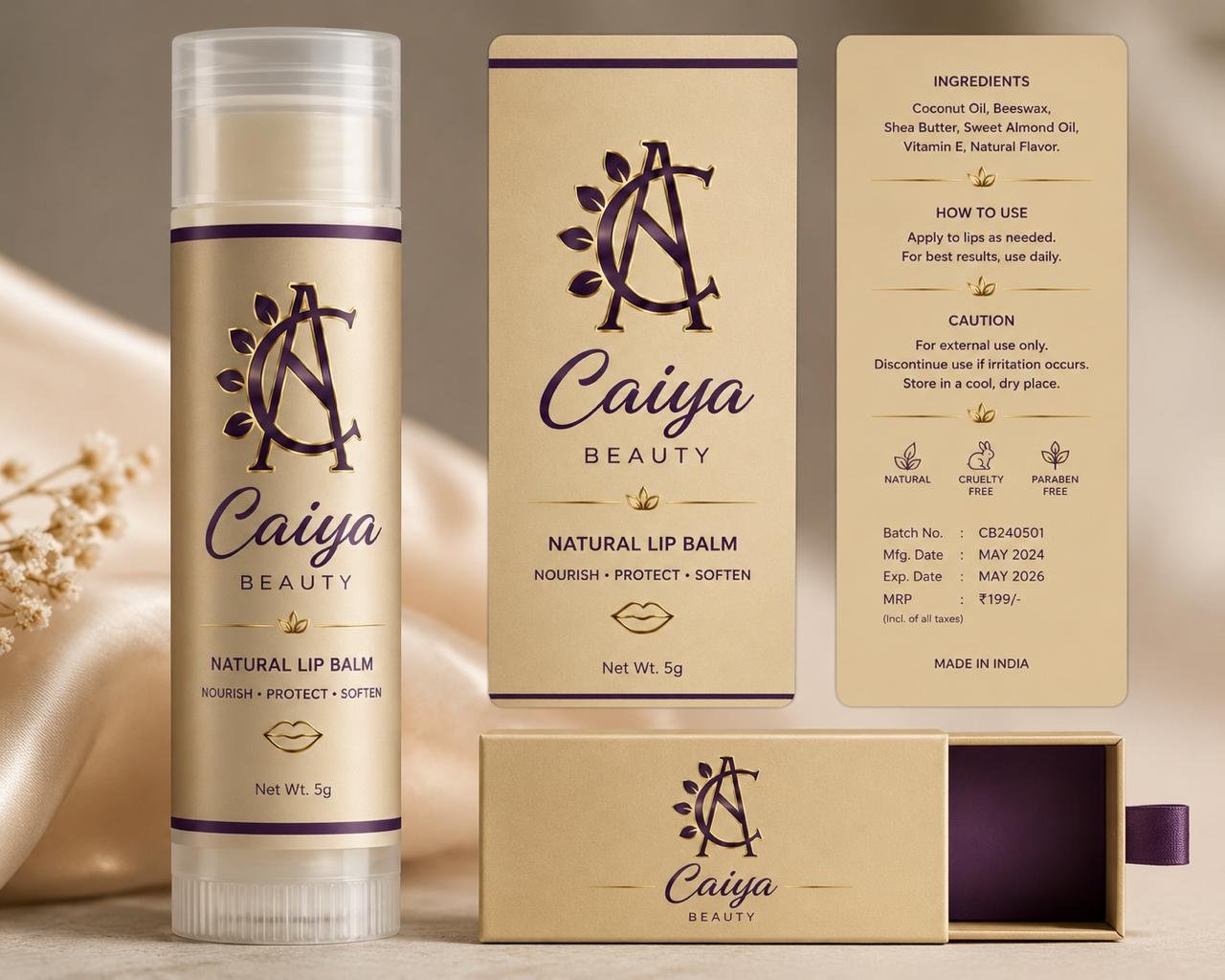 Caiya Beauty lip balm in a twist-up lipstick stick with gift box